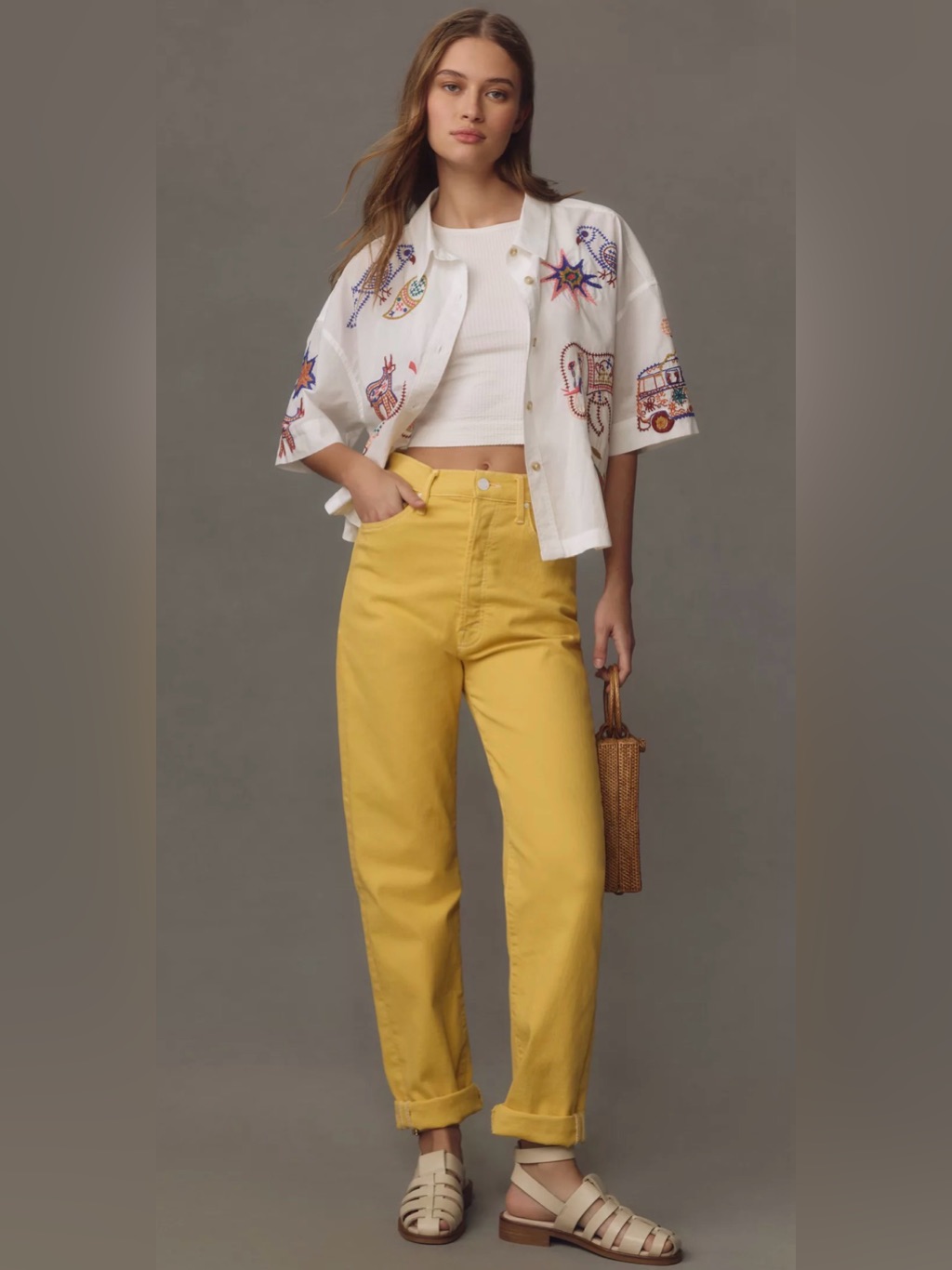 Mother The Roomie Crop Embroidered Button Down Blouse